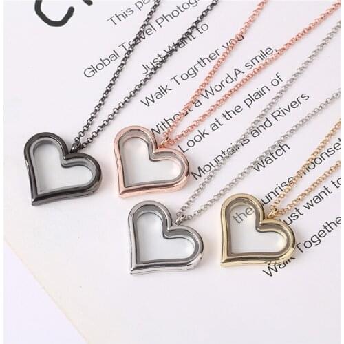 1pcs Romantic heart No Rhinestone Magnetic Glass Alloy Lockets Living Memory Floating Charm locket necklace for Women 60cm chain