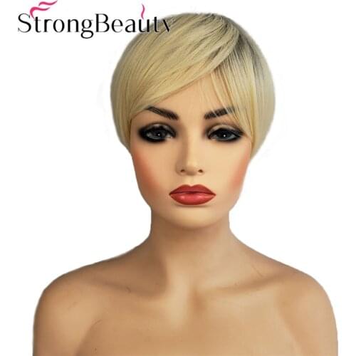 StrongBeauty Short Straight Wigs Blonde with Black Root Wig Synthetic Women Hair
