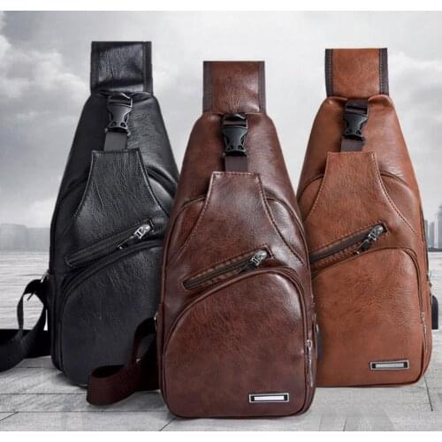 Mens Leather Chest Bag Single Shoulder Pack Portable Charging Outdoor Leisure Sports Crossbody Bags with USB Port