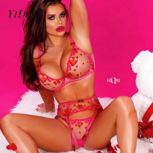 YiDuo Lady Pink Sexy Love Pattern Embroidery Erotic Lingerie Set Sensual Woman Underwire Transparent 3 Piece Lace Bra Set 2021