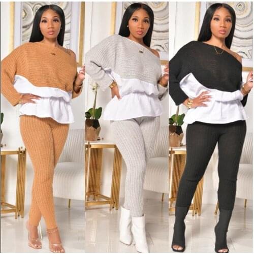 Women 2 Piece Set Autumn Winter Fashion Patchwork Long Sleeve Top High Waist Pants Sport Jogging Matching Set Tracksuit African