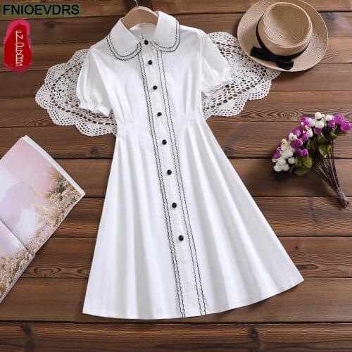 2021 Summer Cute Sweet Girls Vestidos Women Fashion Short Sleeve Single Breasted Button Office Lady White Shirt Dress
