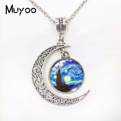 Famous Oil Painting Van Goghs Painting Starry Night Glass Done Cresent Moon Shaped Pendants Handmade Jewelry Gifts