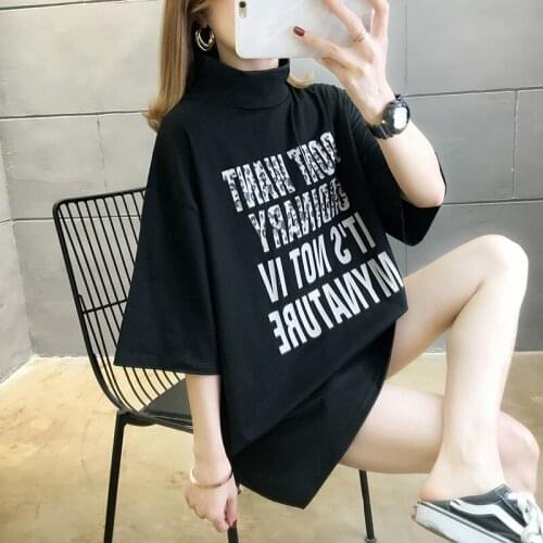 #0205 Black White Gray Half High Collar Short Sleeves T-shirt Women Summer Korean Style Casual Loose Long Tops Clothes Bottomed