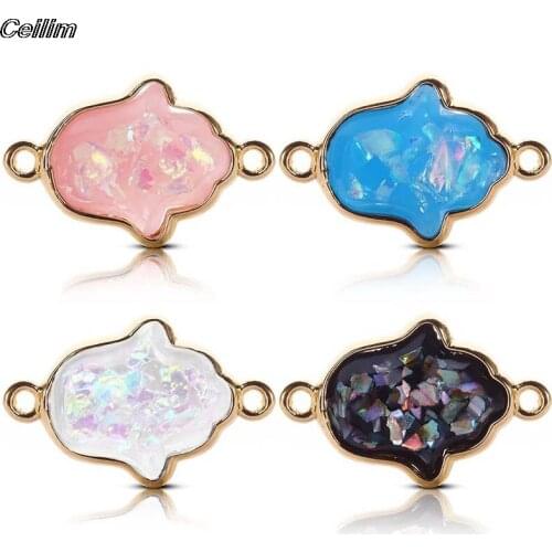 10pcs 14x21mm Imitation Opal Hamsa Hand Connectors Charm For Diy Bracelet 2 Holes Blue White Resin Pendant Jewelry Making