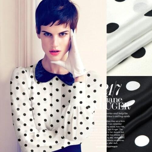 100% SILK CREPE DE CHINE 12mm Width45"-114cm Natural Printed Silk craft Fabric for Shirt Dress Party dress White and black dot