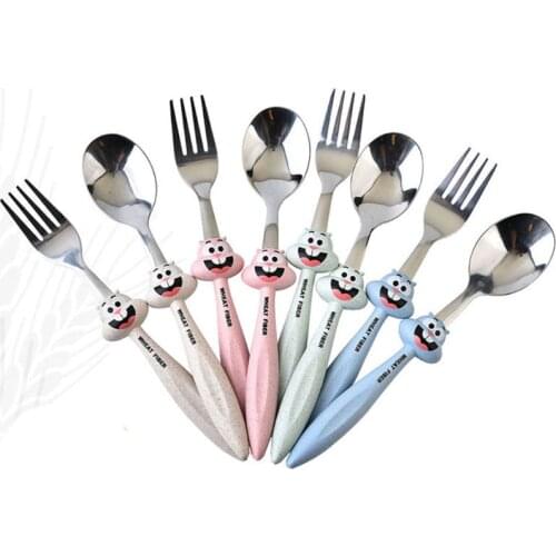 2 Pcs/set Kids Feeding Spoon + Fork Cartoon Print High Quality Stainless Steel Baby Spoon Flatware