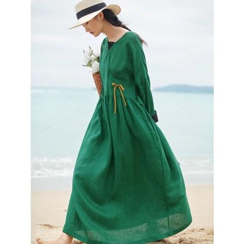 2021 spring dress new literature linen dress improved national styled Dress robe lace up holiday dress 2021013