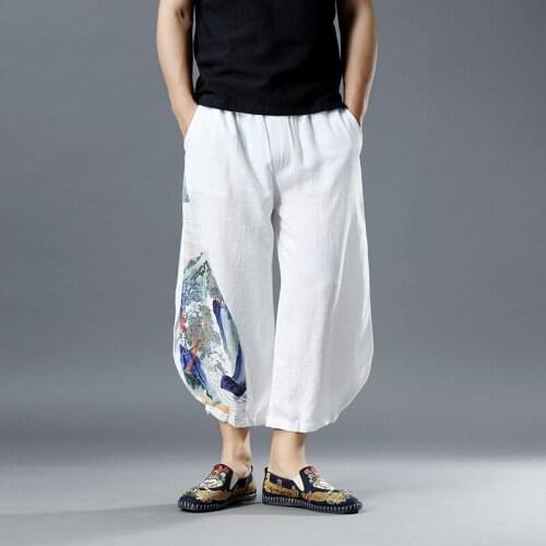 Mens Landscape Painting White Linen Pants Nepal Style Indian Baggy Loose Hippie Ankle-Length Harem Pants Pantalon Hippie Hombre