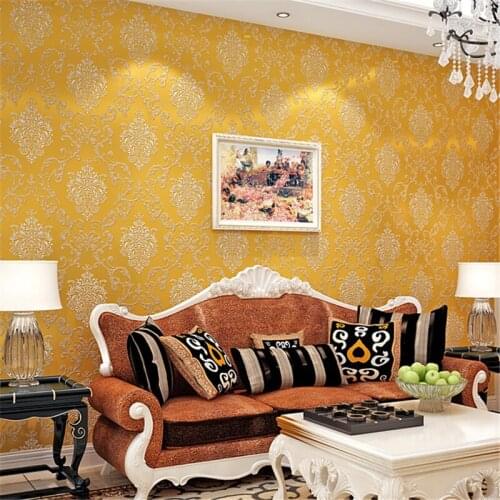 European Style 3D Stereo Damask Flocking Non-woven Wallpaper for Bedroom Living Room Modern Simple Decor 5.3 Sqm Wall Paper Roll