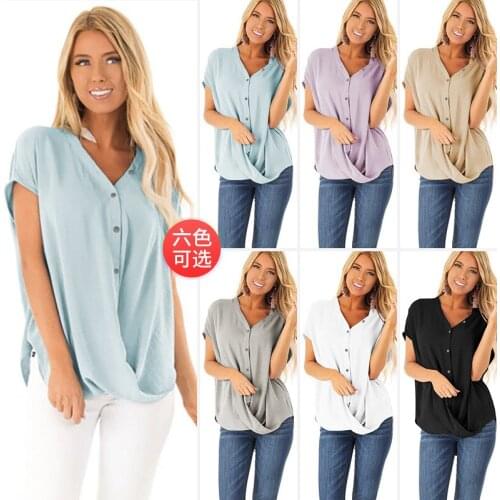T shirt women 2020 summer style v-neck button bat sleeve loose snow spins unlined upper garment tshirt vestidos LX1508