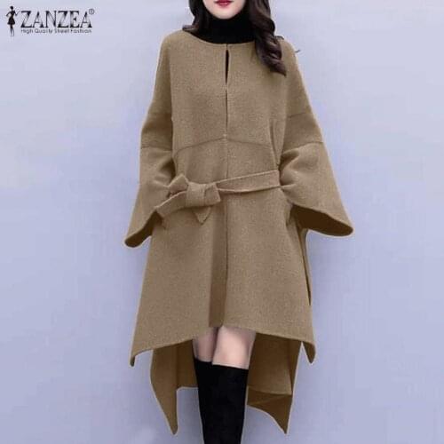 ZANZEA Stylish Autumn Winter Long Sleeve Irregular Jackets Elegant Women Coats Casual Open Front Outwear Belted Woolen Coat 5XL