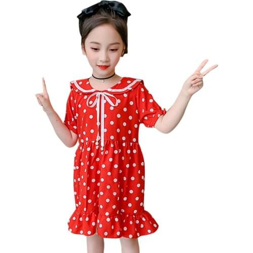 Girl Summer Dresses Dot Pattern Girl Child Dress Ribbons Children Dress Casual Style Clothes Girl 6 8 10 12 14