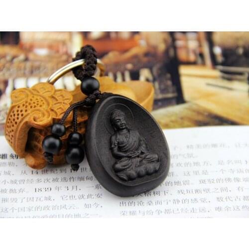 Personality Car Key Pendant Wood Fashion Black Amitabha Buddha carving Rosewood Buddhist Keychain Holder free shipping