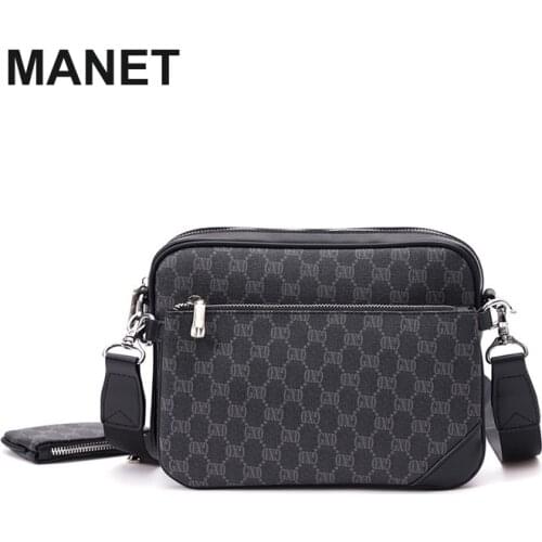 MANET Luxury Brand Leather Mens Crossbody Bag Plaid Pattern Travel Messenger Bags For Man High Quality Satchel Sling School Bag