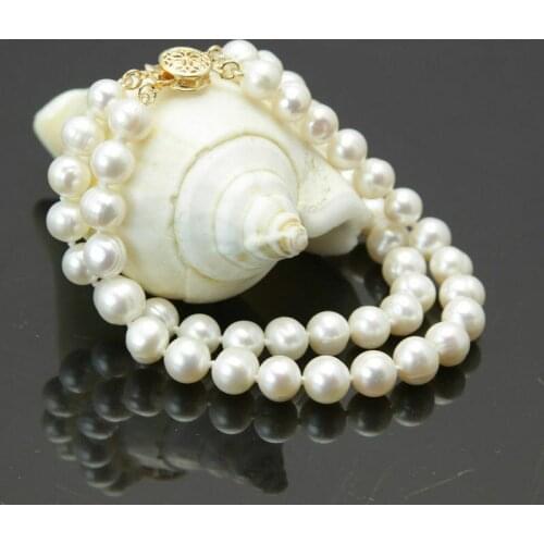 New 2 rows 7-8mm white freshwater cultured pearl bracelet 7.5"
