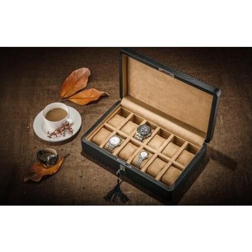 Luxury Carbon fiber cortex +wooden 6-grid watch storage box With lock organizer box watch display for home decoration MSBH017