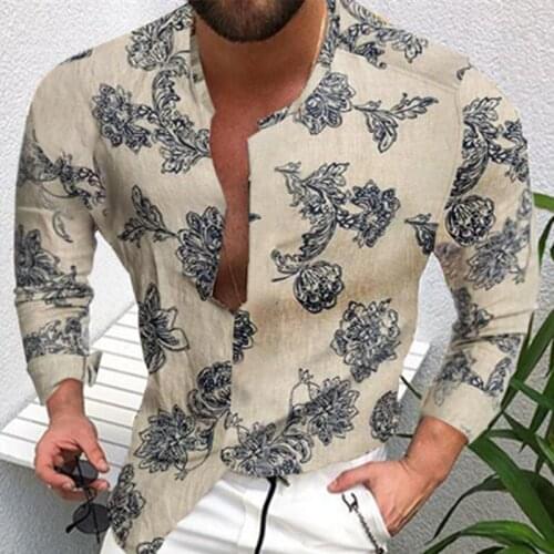 Men Spring Autumn Large Size Loose Broken Flowers Slim Body Restoring Ancient Ways Leisure Literature Art Long Sleeve Shirt