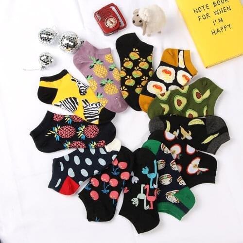 SP&CITY 5 Pairs Cartoon Print Avocado Socks Women Cotton Short Funny Socks Cute Patterned Art Boat Socks Cheap Slippers Hipster