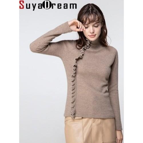 SuyaDream woman sweaters 100%Cashmere Turtleneck Pullovers Ruffles Long Sleeve Solid Sweaters 2020 Fall Winter Knitwear Sueter