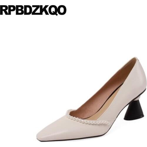 Abnormal Ivory Shoes Wedding Pointed Toe Women Beige Genuine Leather High Heels Pearl Strange Thick Suede Girls Bridesmaid Pumps