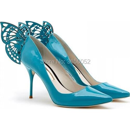 Chic Celebrity Shoes Woman Patent Leather Solid Party Dress Pumps Scarpe Donna Pointed Toe Cut-Outs Butterfly Wing High Heels