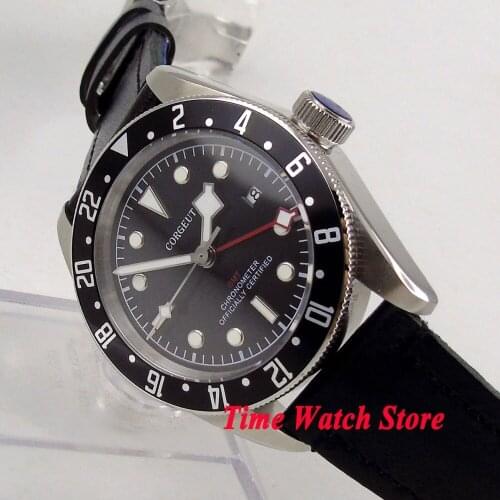 Solid 41mm Corgeut 20ATM mechanical auto watch men GMT waterproof leather strap luminous black dial Bezel sapphire date c116