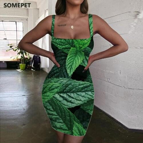 SOMEPET Mint Dresses Women Green 3d Print Novel Vestido Sexy Harajuku Halter Sleeveless Womens Clothing Summer Vintage Boho
