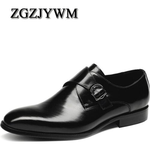 ZGZJYWM New Breathable Mens Business Buckle Strap Black/Wine Red Formal Mens Dress Genuine Leather Wedding Oxfords Office Shoes