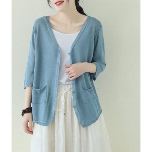 Women 2021 Spring Summer Fashion Solid Color Thin Shawl Female Knitted Cardigan Shirts Ladies V-neck Sunscreen Blouses W127
