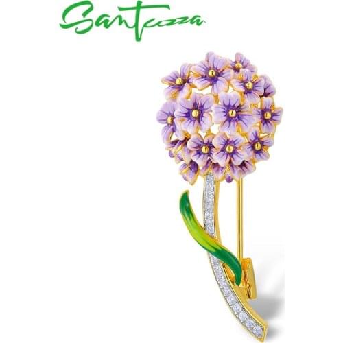 SANTUZZA Silver Brooch for Women Authentic 925 Sterling Silver Babysbreath Flower Ball Brooch Fashion Jewelry Handmade Enamel