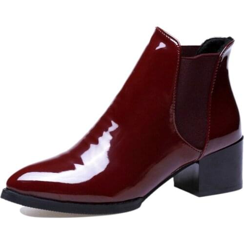 2019 New Arrival Fashion Women Shoes Patent Leather Elastic Boots Ankle Boots Pointed Low Heel Boots Sexy Shoes JXX84