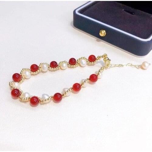 New design red agate gold beads natural white real pearls handmade high quality jewelry women bracelet adjustable length