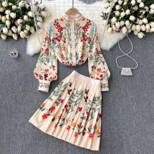 2021 Autumn New Fashion Brand Designer Print Runway Suit Ladies Puff Sleeve Shirt All-match Pleated Skirt Women Two Piece Set