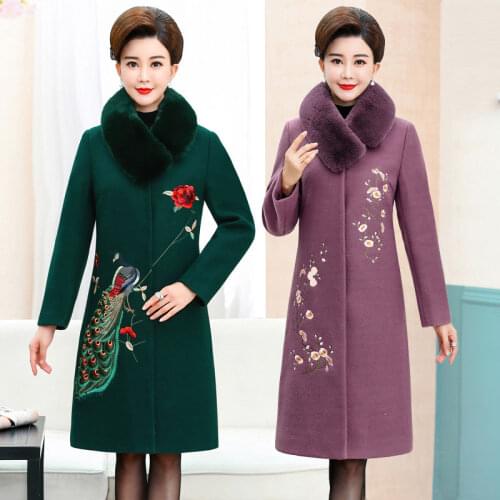 Women Autumn Winter Woolen Coat 2020 New Middle-aged Mother Winter Add cotton Overcoat Femme Embroidered woolen Jacket 5XLA501