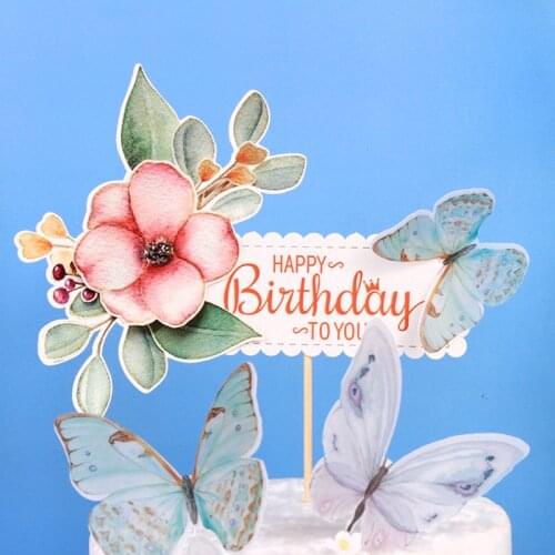 2021 New Flowers Happy Birthday Cake Topper Plants Butterfly Wedding Cupcake Topper For Girls Birthday Party Cake Decorations