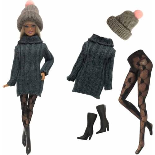 4 Items/Set Blue Sweater + Hat + Boots +Stocking For 1/6 Doll Fashion Long Sleeve Coat For Barbie Doll Accessories Baby Toys