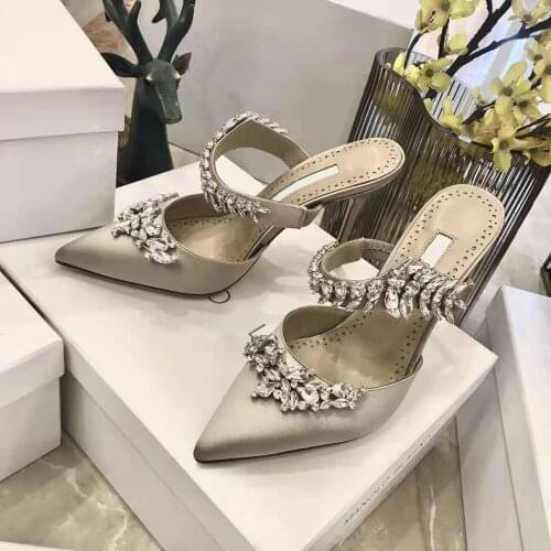 Satin Crystal Embellished Mules Shoes 90mm Italy Crystal Leaves