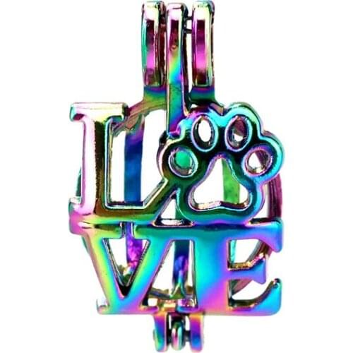 C772 5pcs/lot Rainbow Color LOVE Cat Paw Bead Pearl Cage Locket Pendant Pearl Locket Fairytale Party