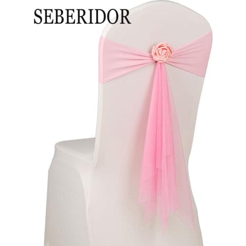 2019 Hot 50pcs/lot Pink White Blue Muslin Chair Sashes With Pink Flower For Wedding Decoration Ceremony Stretch Lycra Chair Band