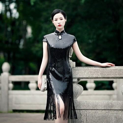 Chinese Evening Dress Black Sequins Cheongsam Modern Qipao Oriental China Short Mini Sexy Dress Plus Size Vestidos Novia China