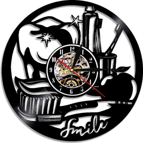 Teeth Vinyl Record Wall Clock Dentist Office Decor Retro Creative 3D Hanging Watch Brush Teeth Toothpaste Odontologist Gift