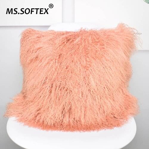 MS.Softex Mongolian lamb Fur Cushion for Girl Room Home Decoration Natural Tibet Lamb Fur Pillowcase Pink Color Cushion Cover