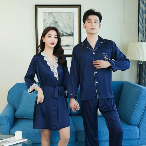 2021 New Spring Autumn Couple Pajamas Set Casual Home Wear Lady Lace Trim Sexy V-Neck Nighty Suit Mens Star Moon Print Sleepwear