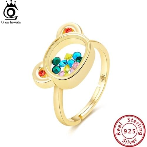 ORSA JEWELS 925 Sterling Silver Adjustable Ring with Movable Bear Shiny Charms Glass 14K Gold Plated Band Cute Jewelry EQR12