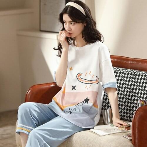 Cartoon Pajamas Set Women Sleepwear Summer Nightwear Pijama Mujer Loose Short sleeve Calf-Length Pants Night Suit Pyjamas Femme