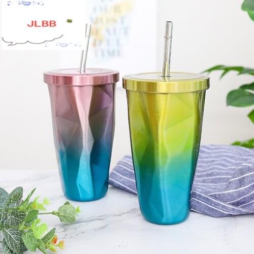 Portable Double Wall Stainless Steel Coffee Mug with Lid and Straw Vacuum Flask Travel Coffee Mugs Thermos cup