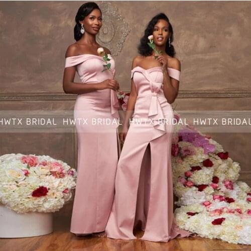 Pink Off the Shoulder Bridesmaid Dresses with Side Slit African Black Girls Women Mermaid Long Bridal Guest Dress Maid Of Honor