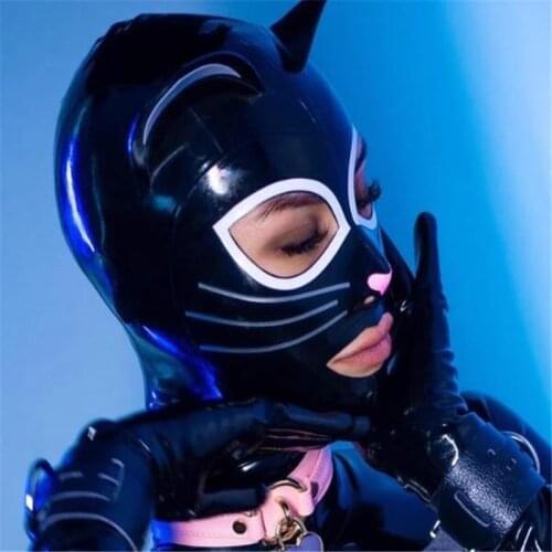 Sexy Handmade Latex Face Mask Female Exotic Latex Full Breath Hoods Mask with Ears Cekc Lingerie Uniform Anime Cosplay Costume