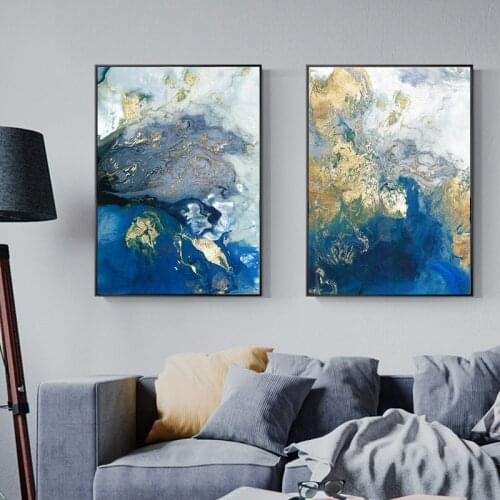 Blue Golden Modern Abstract Ocean Wall Poster Nordic Canvas Art Decoration Picture Print Painting Living Room Decor Contemporary